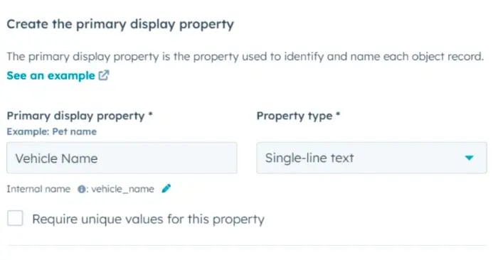 HubSpot custom object primary display property 