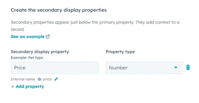 HubSpot custom object secondary display property