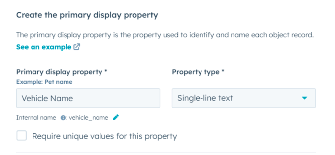 HubSpot custom object primary display property