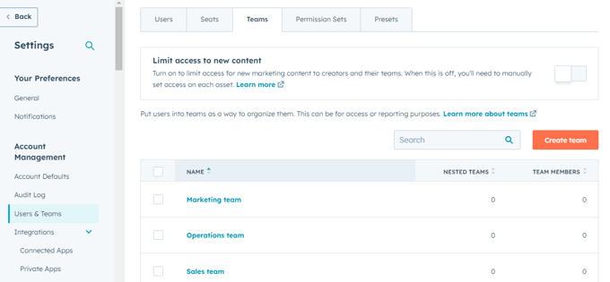 Creating users and teams in hubspot